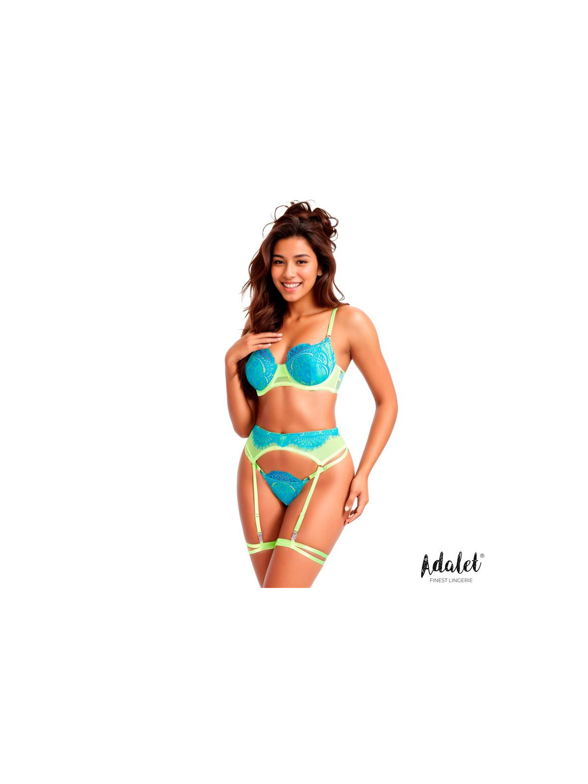 Harlow Set Sujetador, Tanga, Liguero y Liga Amarillo y Azul