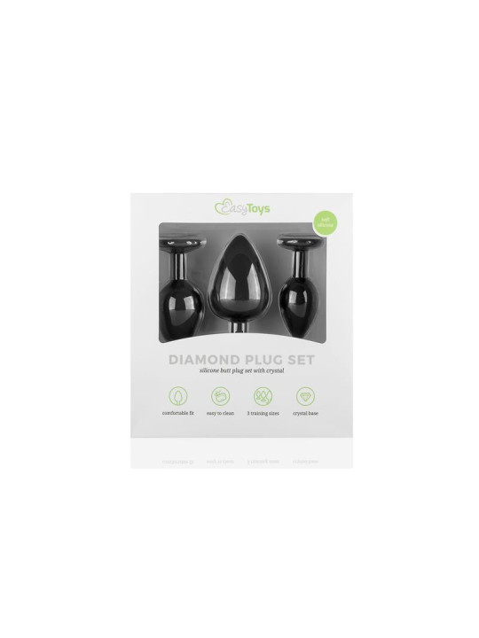 Set 3 Plug Anal con Cristal Silicona Negro