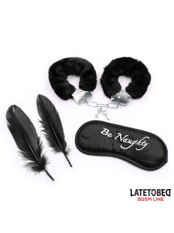 Set de 3 Piezas Antifaz, Esposas y Plumas Negro