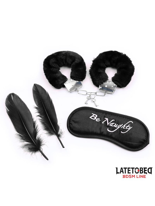 Set de 3 Piezas Antifaz, Esposas y Plumas Negro