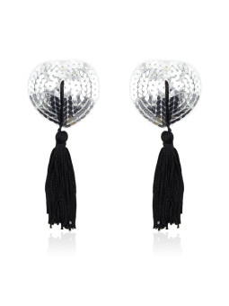 Pezoneras Autoadhesivas Forma de Corazón con Lentejuelas Negro/Plata